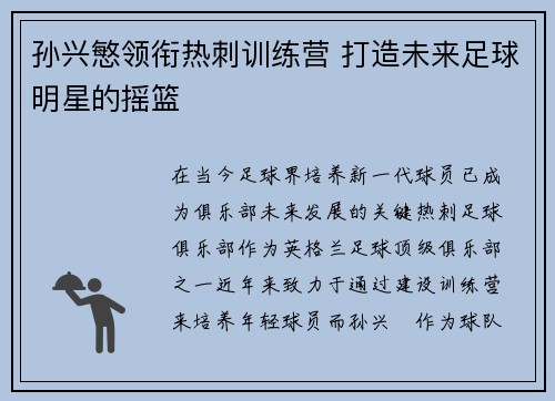 孙兴慜领衔热刺训练营 打造未来足球明星的摇篮